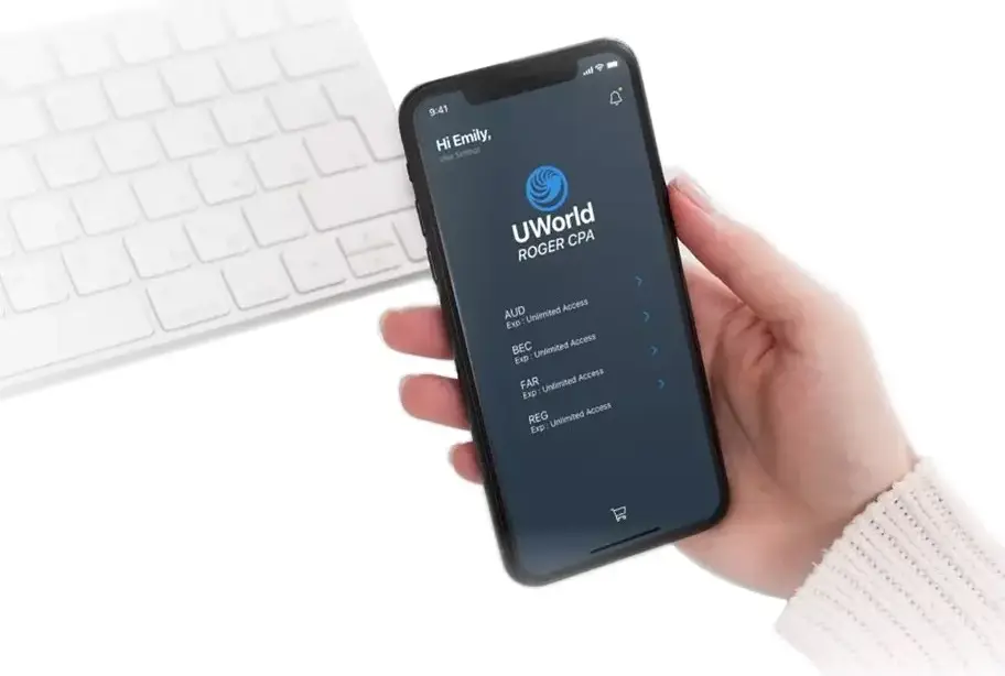 Display of UWorld Roger CPA Review mobile app interface
