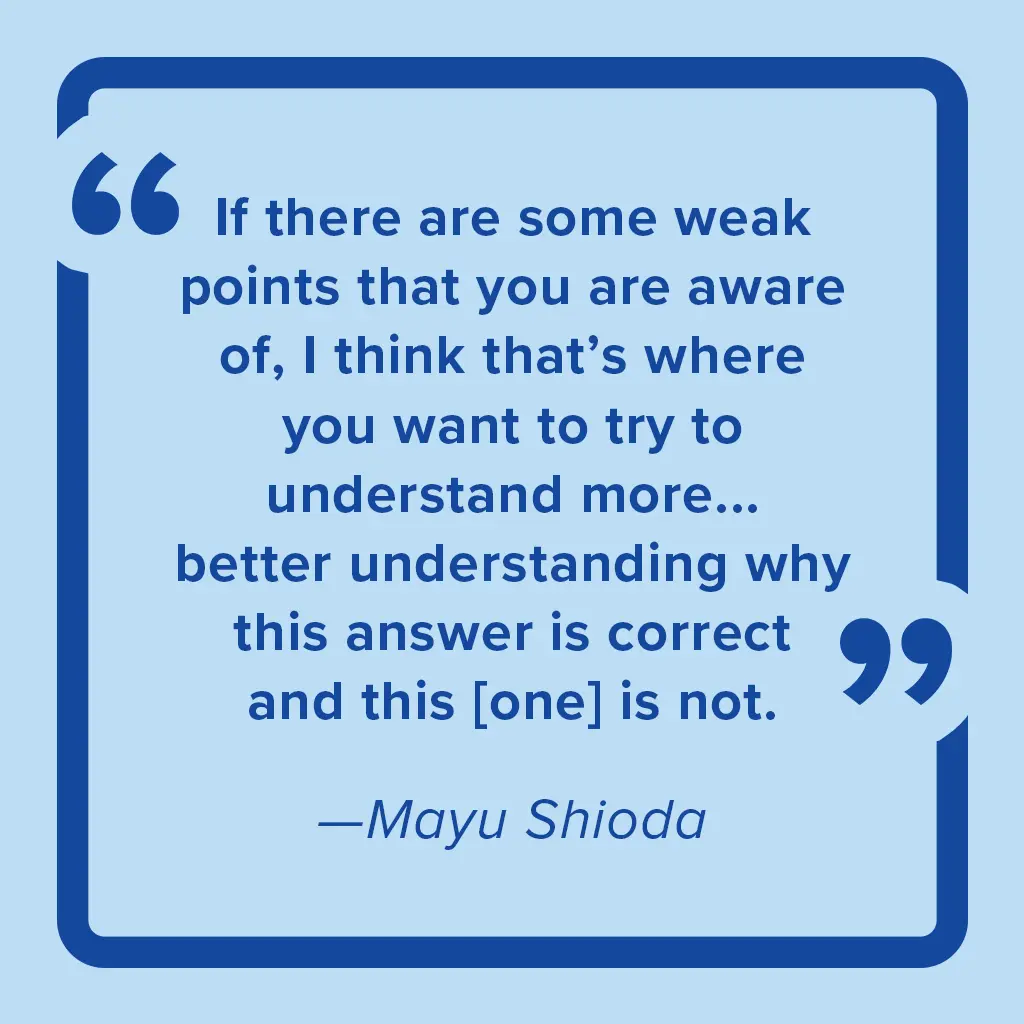 A quote from Mayu Shioda about learning from your weak points while studying.