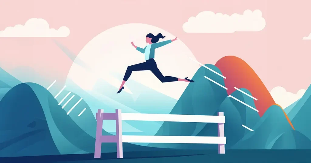 A woman jumping over a fence, metaphorically overcoming obstacles.