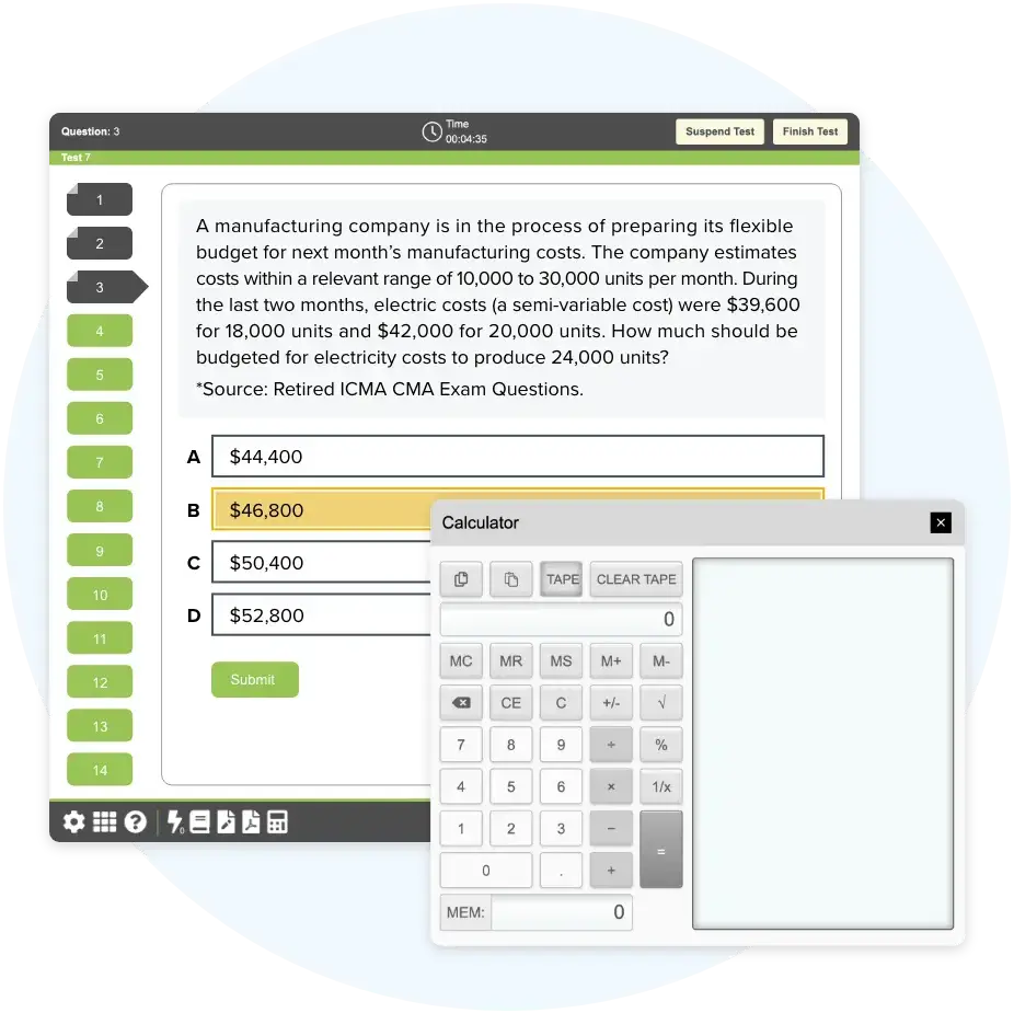 CMA mock exam mirroring the Prometric interface