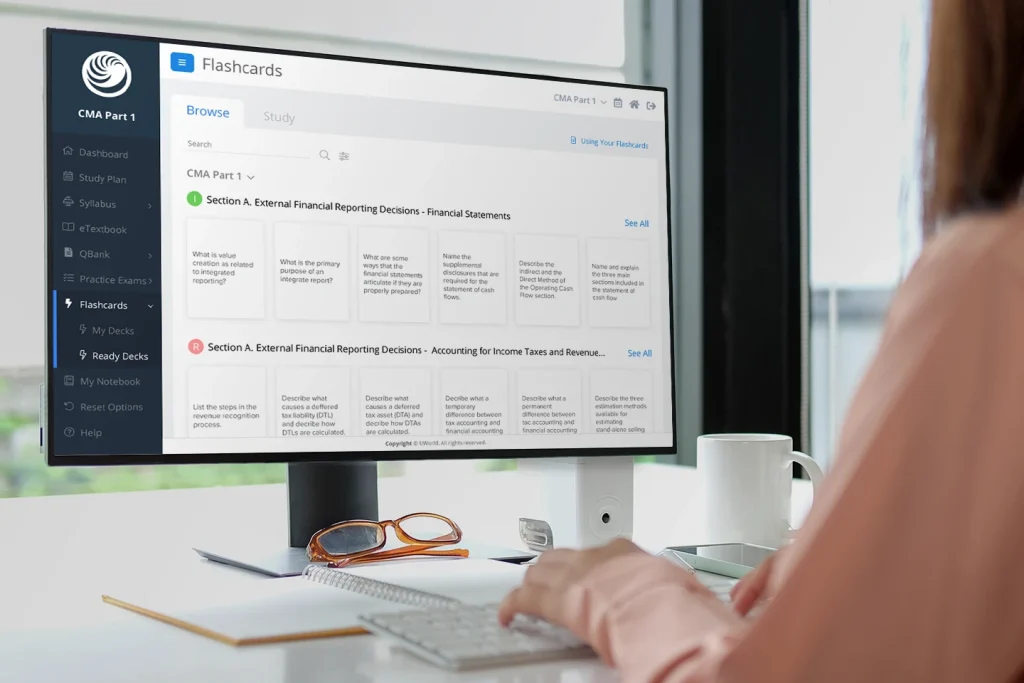 CMA candidate reviewing flashcards on a desktop computer