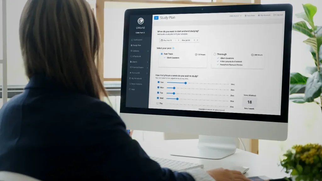 UWorld CMA Study Planner open on a desktop screen while a candidate starts her study session