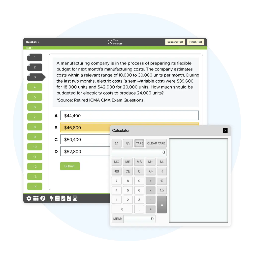 A CMA practice question in our mock Prometric interface