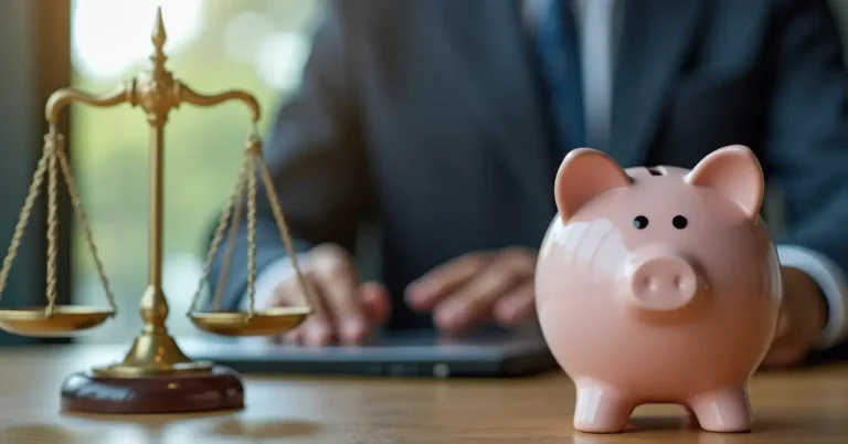 A piggy bank and a justice scale on a desk, with a suited person sitting in the background